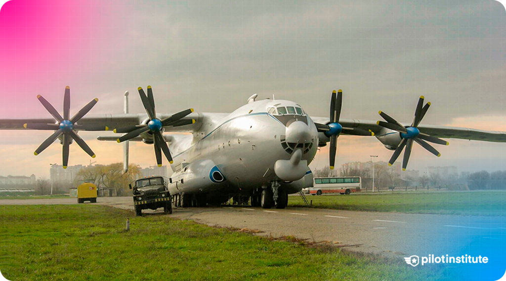 Photo of an Antonov An-22 taxiing at the airport.