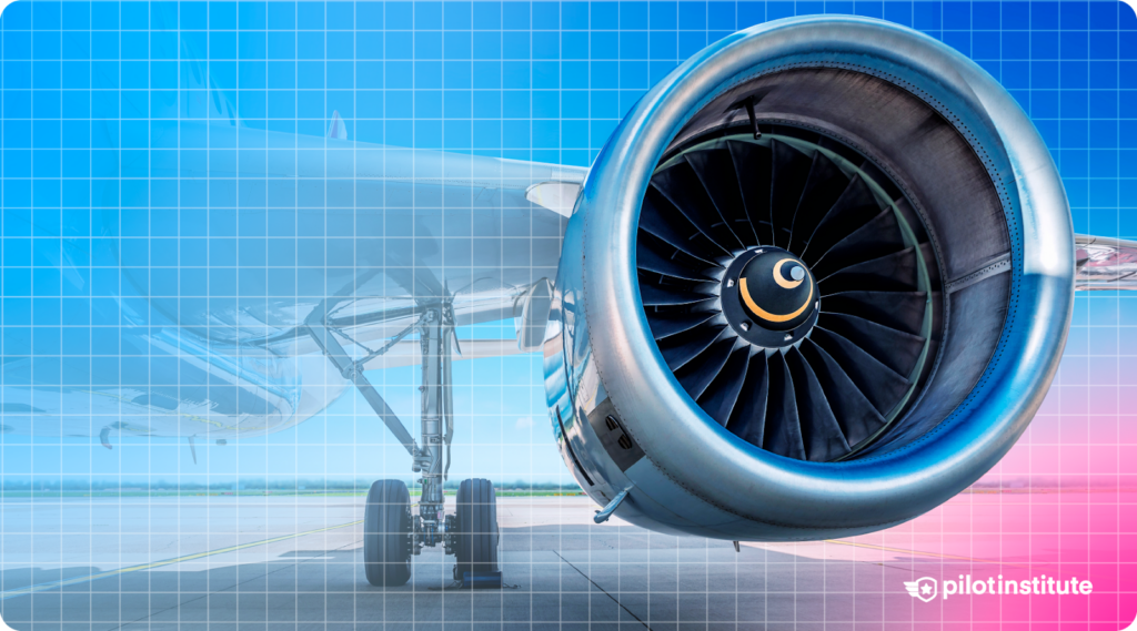 Close-up of a commercial jet engine with visible fan blades, aircraft landing gear in the background, and a blue grid overlay.