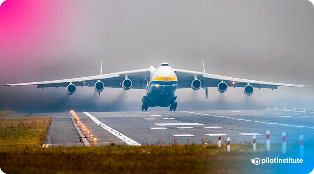 Photo of an Antonov An-225 Mriya taking off from the runway.