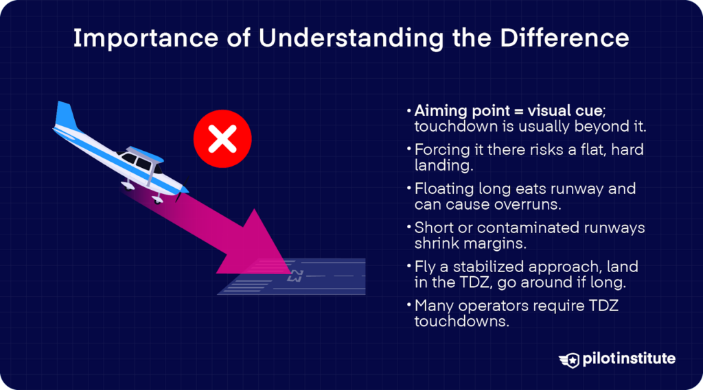 Infographic of Small airplane aiming at runway blocks with a red “X”; bullets warn the aiming point is only a visual cue and emphasize TDZ landings.