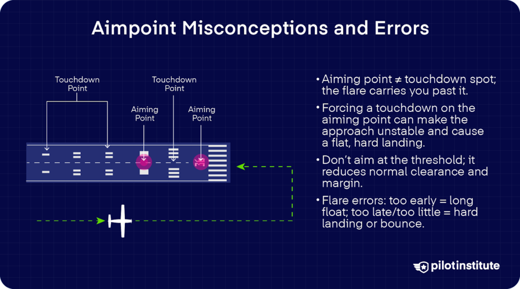 Runway diagram with aiming points and touchdown points; bullets explain that the aiming point is a visual cue (not the touchdown spot), why forcing it is risky, why not to aim at the threshold, and how flare timing affects float or hard landings.