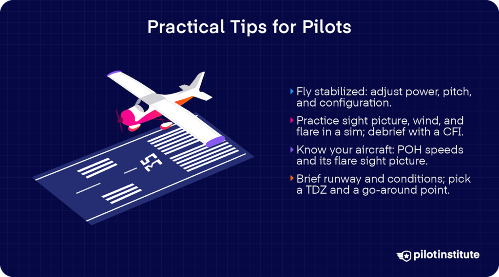 Small airplane over runway aiming blocks with bullets: fly stabilized, practice sight picture and flare with a CFI, know POH speeds, and brief the TDZ and go-around point.