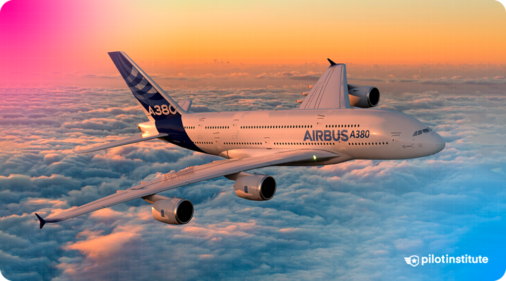 Photo of an Airbus A380 flying above the clouds.