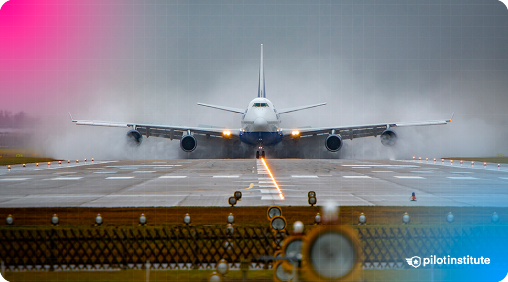 Photo of a Boeing 747 landing on the runway.