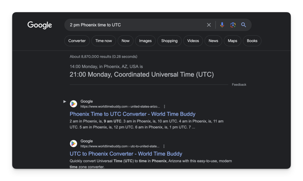 A screenshot of a google search converting 2 pm Phoenix time to UTC.