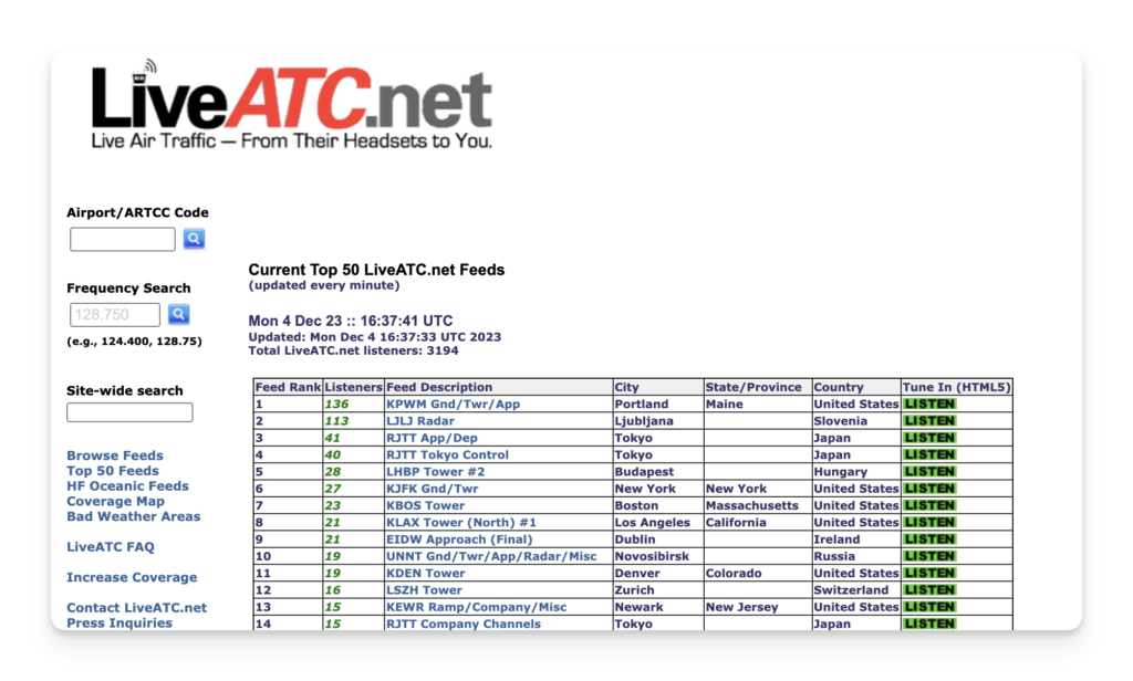 A screenshot of the LiveATC website with the top 50 frequencies listed.