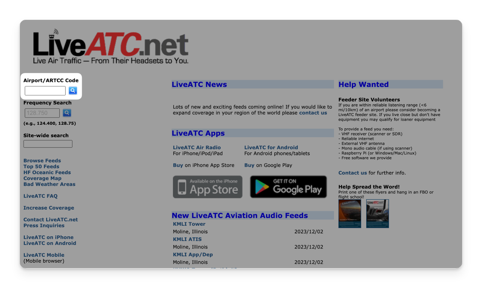 A screenshot of the LiveATC website with the Airport/ARTCC Code section highlighted.