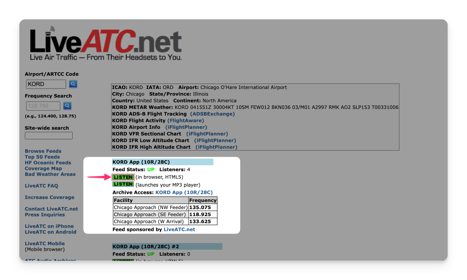 A screenshot of the LiveATC website with the Airport/ARTCC Code section highlighted. An arrow points to the listen button.
