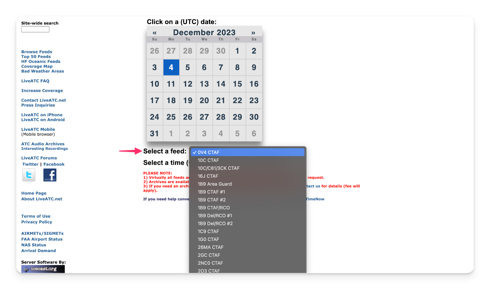 A screenshot of the LiveATC website on the ATC Audio Archives page.