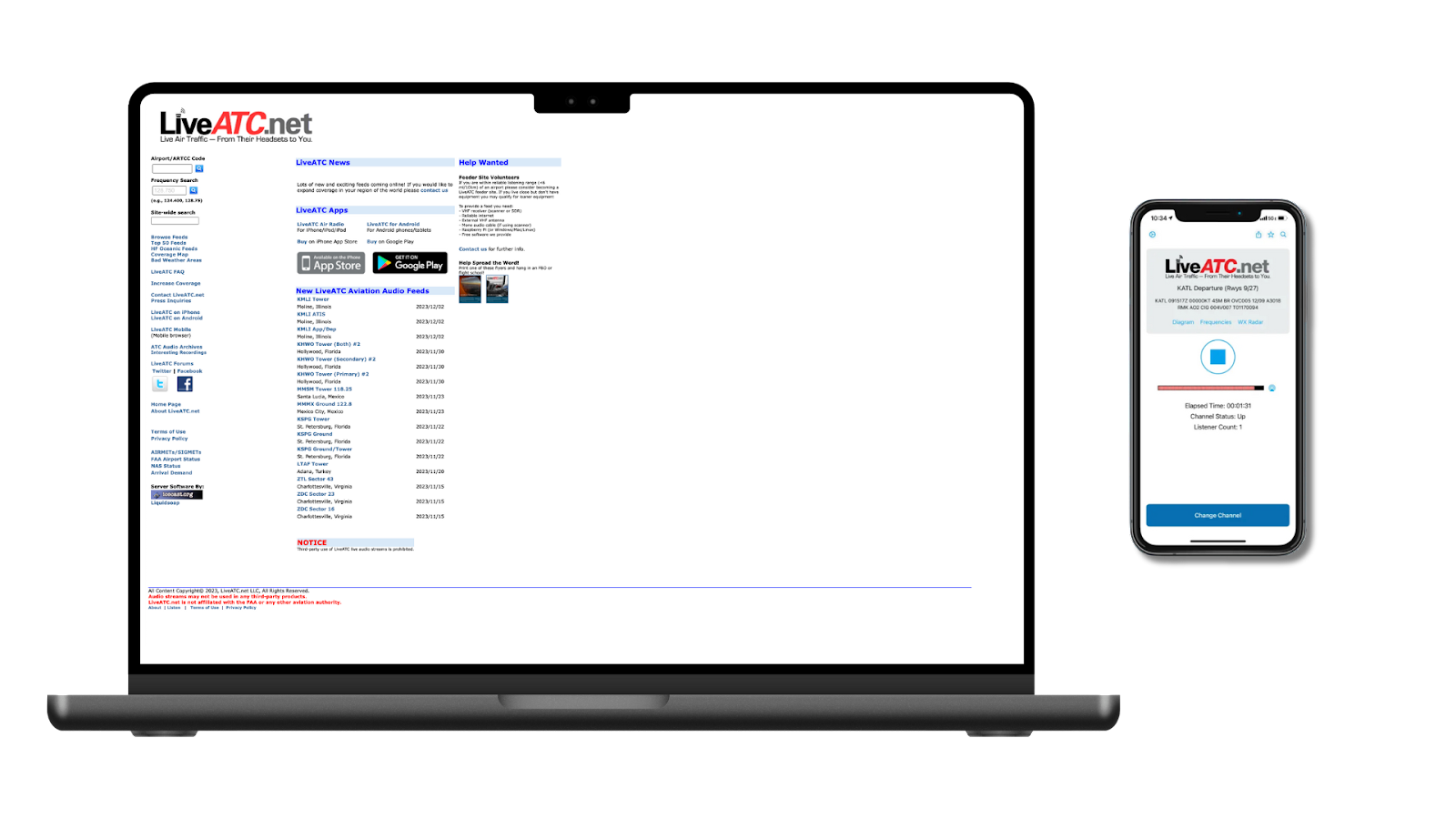 The LiveATC website on a laptop and phone.