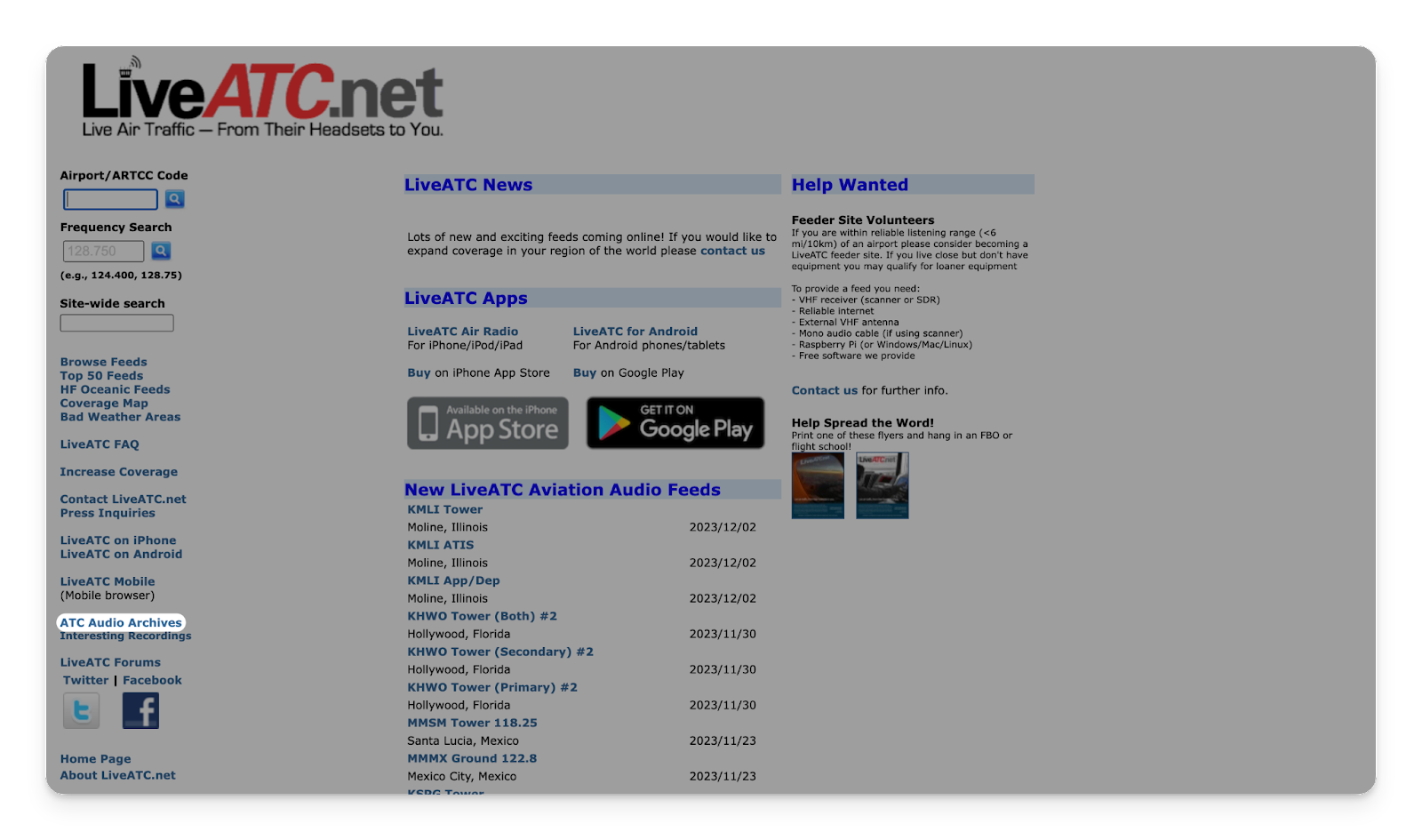 A screenshot of the LiveATC website with the ATC Audio Archives button highlighted.