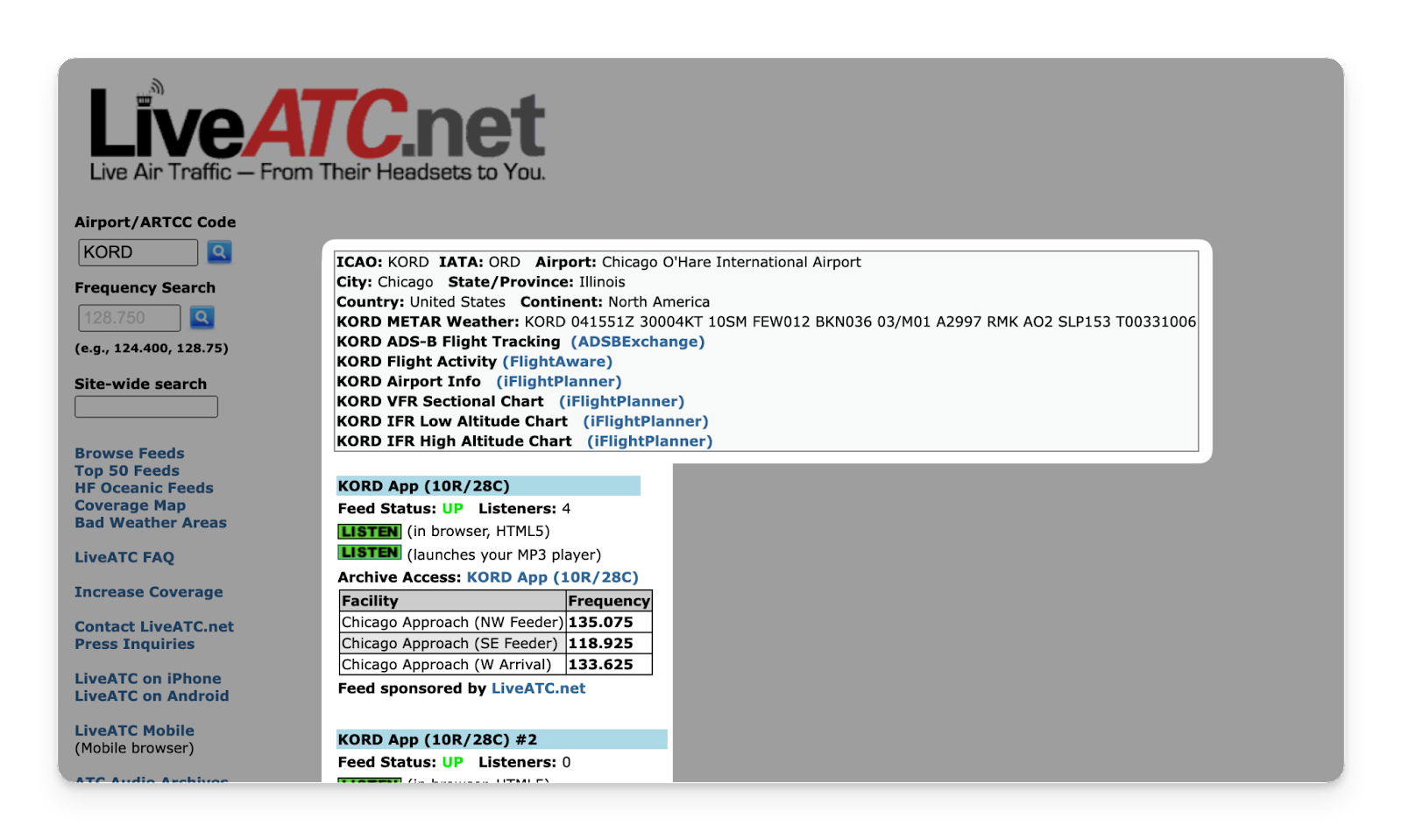 A screenshot of the LiveATC website with the airport frequencies section highlighted.