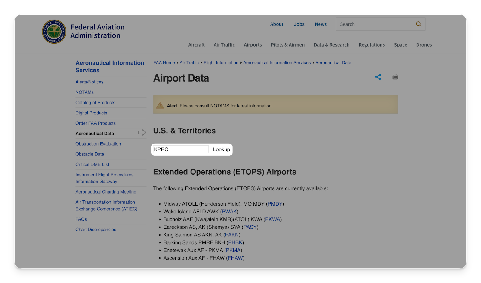 A screenshot of the FAA Airport Data page.