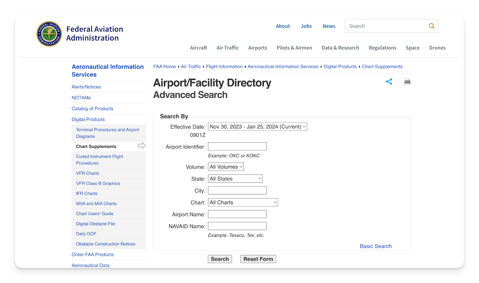 A screenshot of the FAA Airport/Facility Directory page.