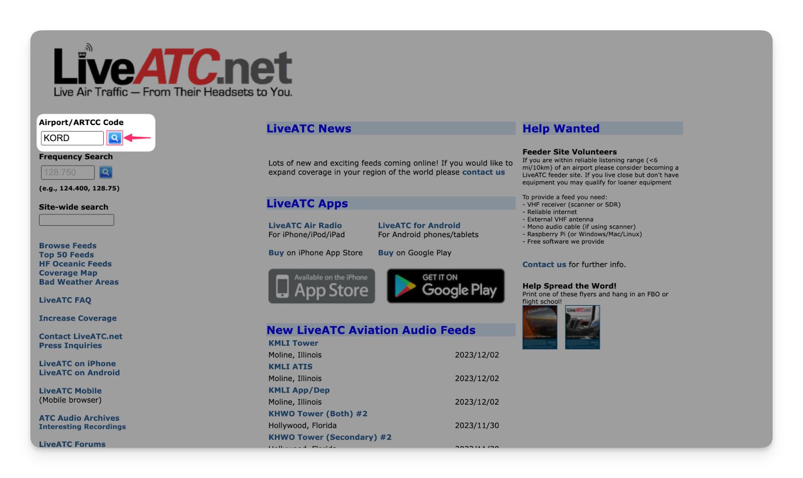 A screenshot of the LiveATC website with the Airport/ARTCC Code section highlighted. KORD is in the input box.