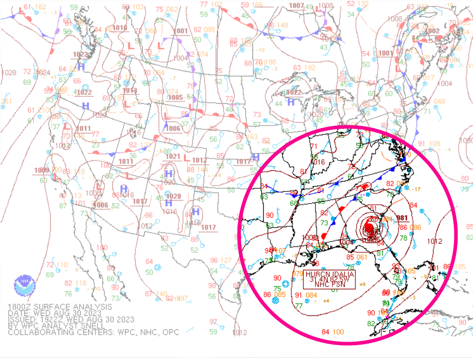 Surface analysis chart showing hurricane Idalia.