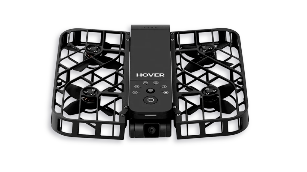 A black Hoverair X1 drone unfolded.