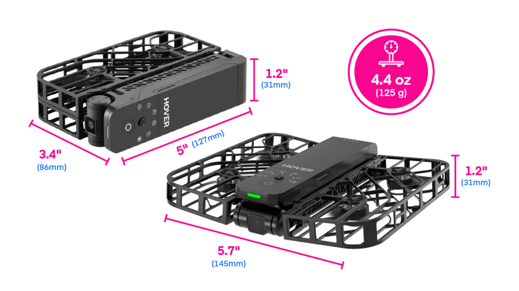 The Hoverair X1 drone expanded and folded along with the dimensions and weight.