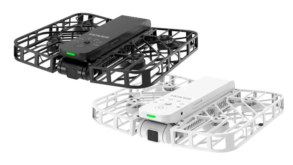 The black and white versions of the Hoverair X1 drone side-by-side.