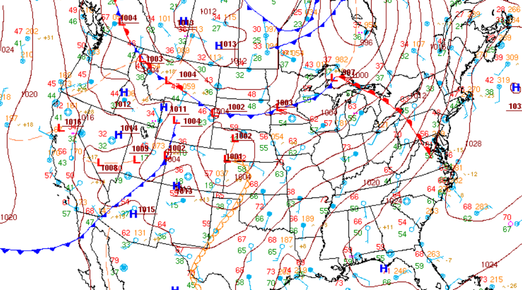 NWS surface analysis chart of the contiguous United States showing station plots, isobars, frontal boundaries, and high and low pressure centers.
