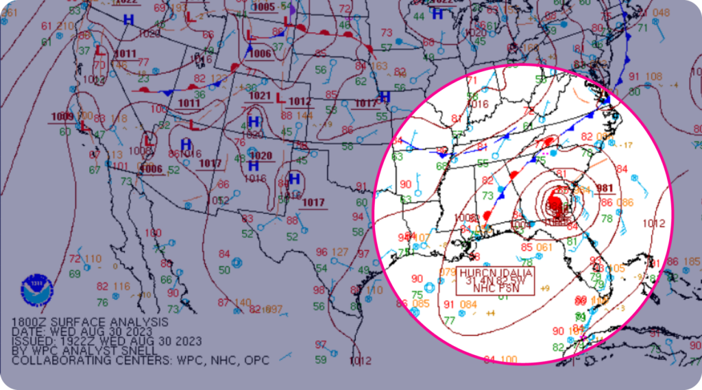 NWS surface analysis chart from August 30, 2023, showing Hurricane Idalia making landfall in Florida with closed isobars and a 981 mb low-pressure center highlighted in a zoomed inset.