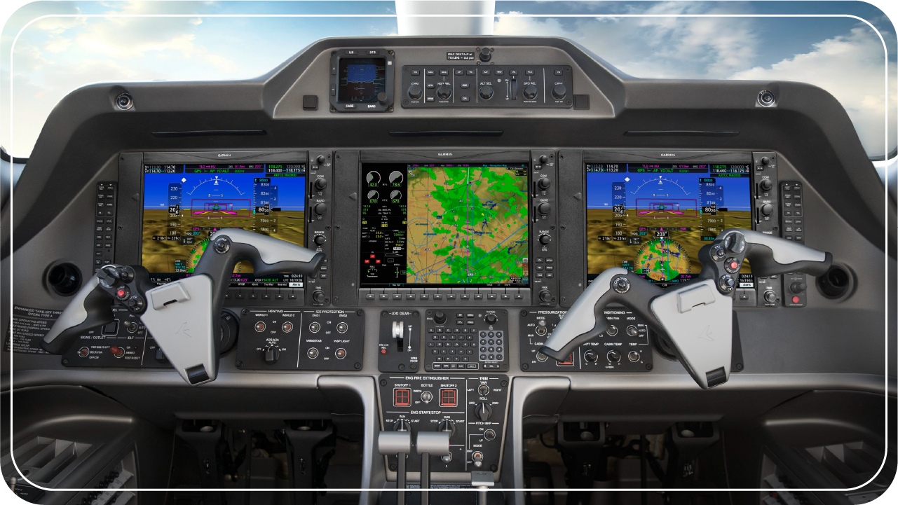 Wide shot of a Garmin G1000 NXi-equipped cockpit.