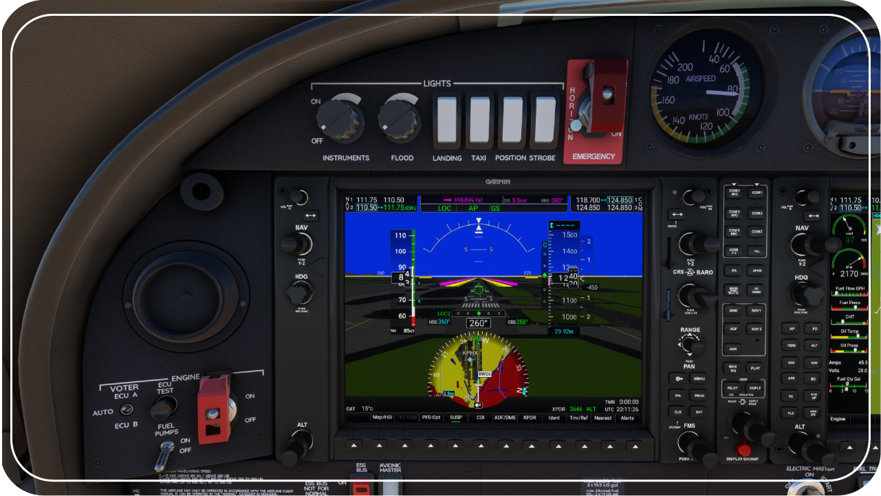 Closeup of Garmin G1000 NXi PFD showing an autopilot-coupled approach.