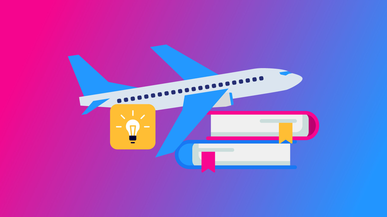 Airliner and stacked books illustration for FAA flight training study material — Pilot Institute