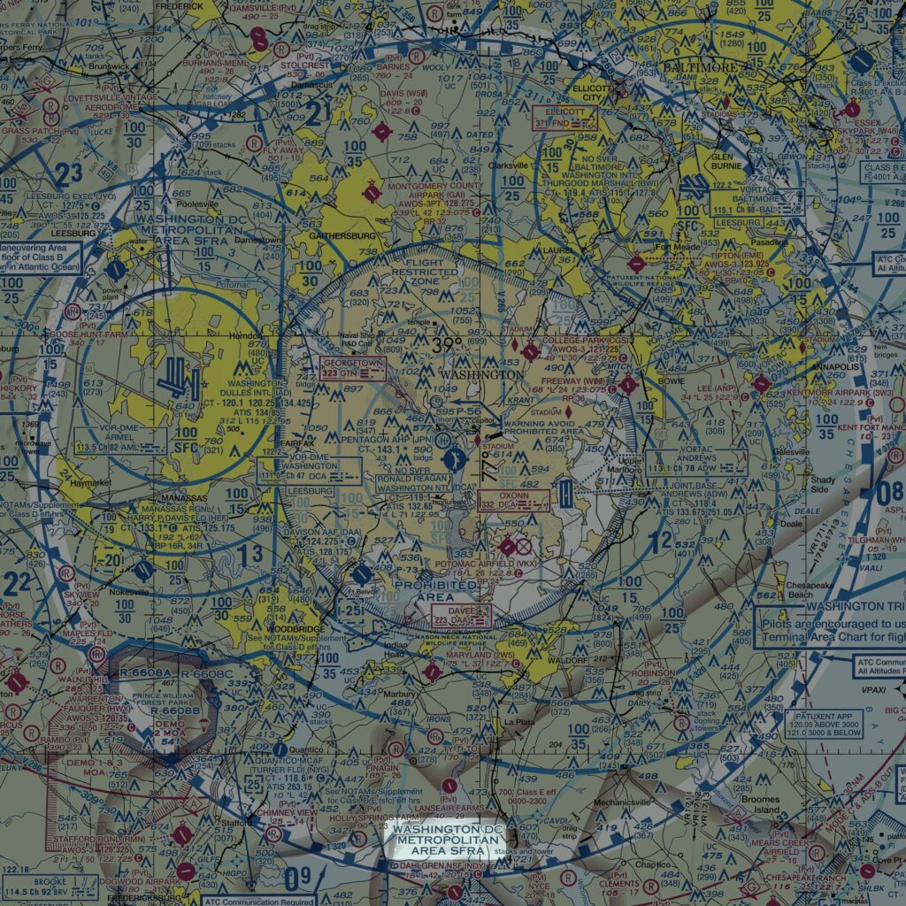 A diagram depicting a Special Flight Rules Area (SFRA) identifier on a sectional chart.