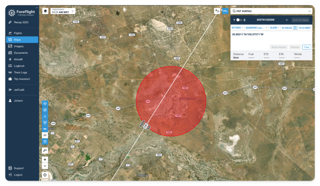 A screenshot of a ForeFlight EFB depicting a Temporary Flight Restriction (TFR).