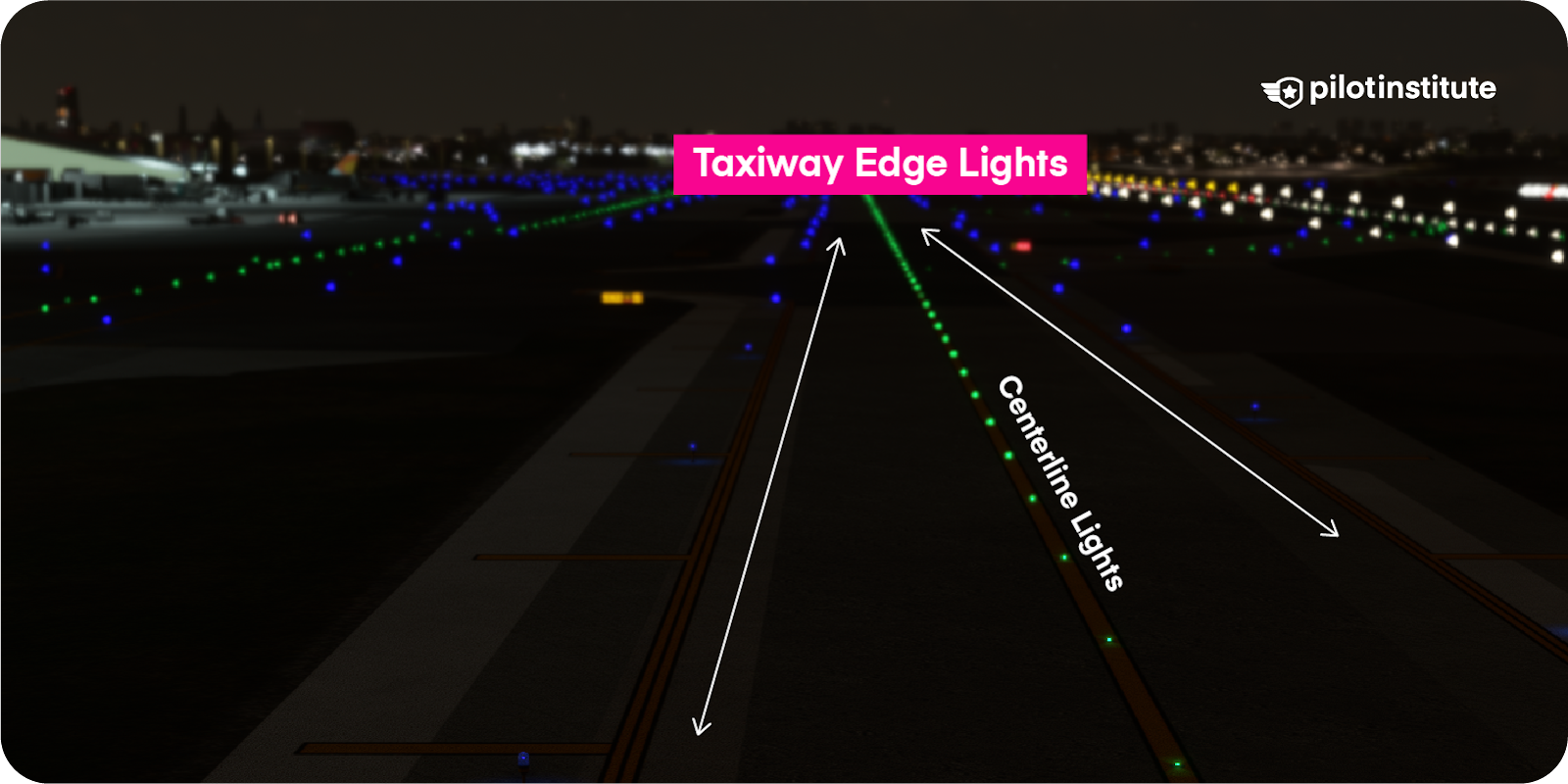 Airport taxiway with edge lights and centerline lights.