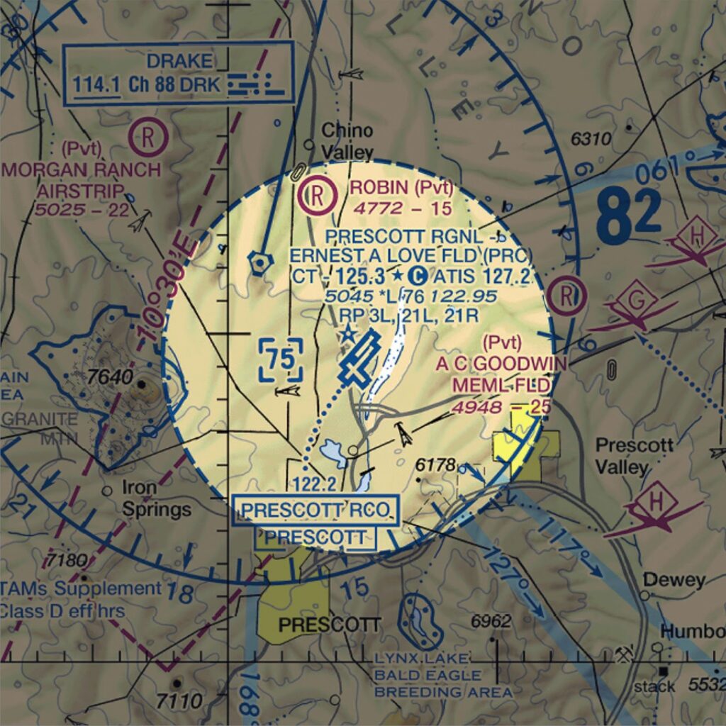 A diagram depicting Class D airspace on a sectional chart.