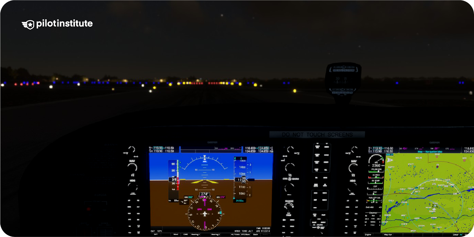 Cessna cockpit showing long takeoff roll with the end of the runway approaching.