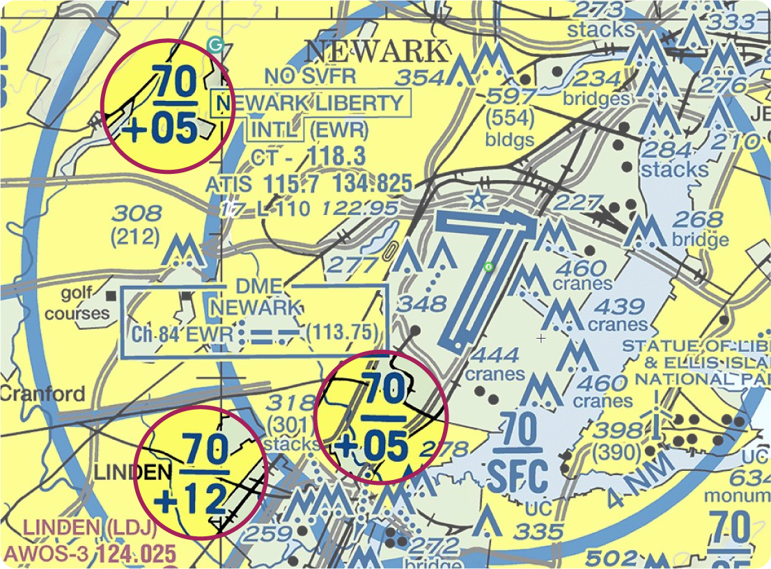 A sectional chart showing the floor of Class B airspace with a preceding plus sign.