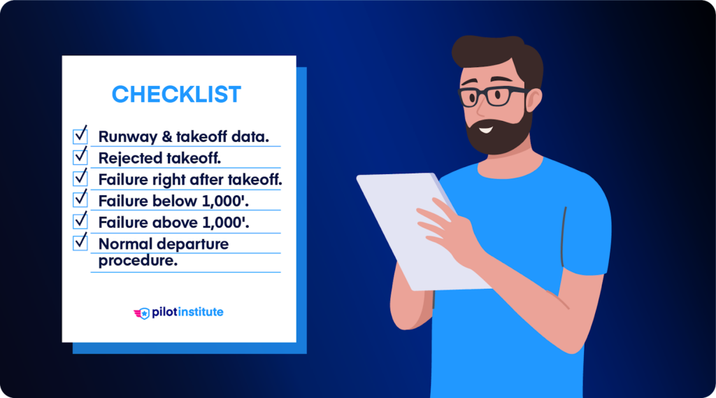 Man using a checklist to perform a takeoff briefing.