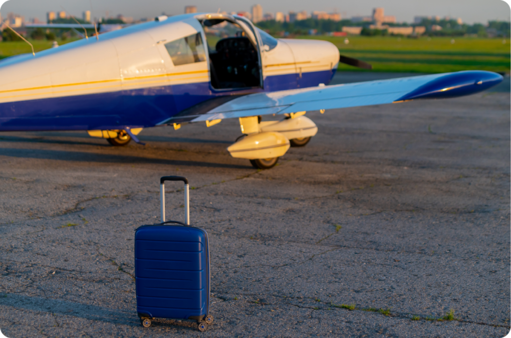 A GA airplane with luggage nearby.