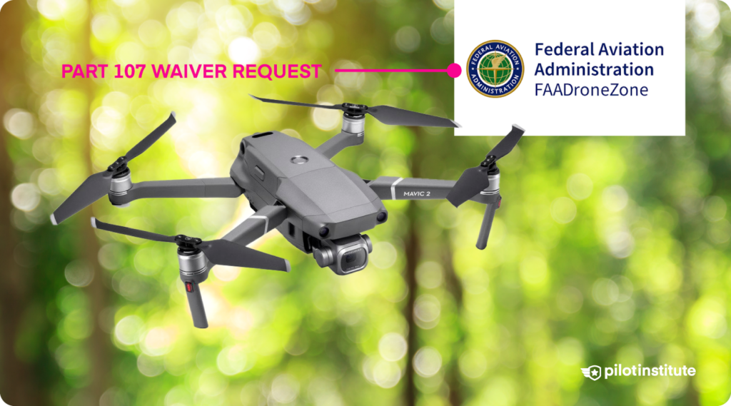 A drone with text showing waiver requests should be submitted on the FAA DroneZone site.