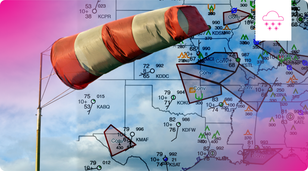 A blowing windsock is superimposed over an aviation weather chart. 