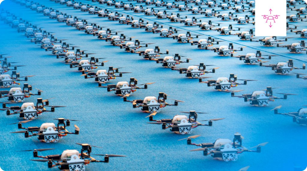 A drone operating over a crowd of people.