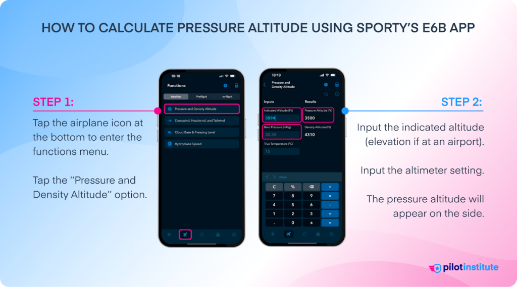 Steps to calculate pressure altitude using an E6B app.