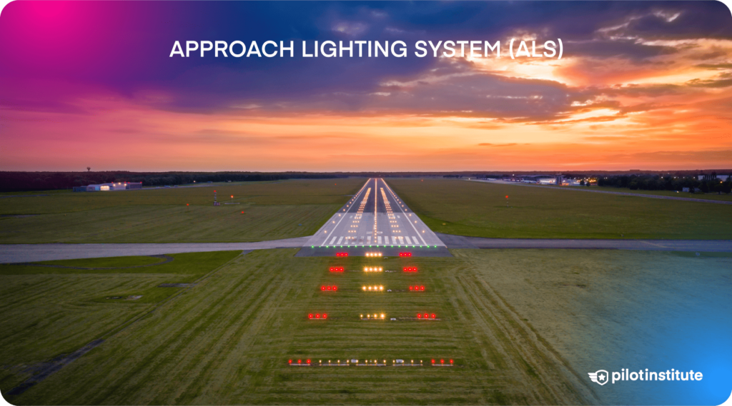 Approach Lighting System (ALS) - A photo of a runway lit up with rows of lights.