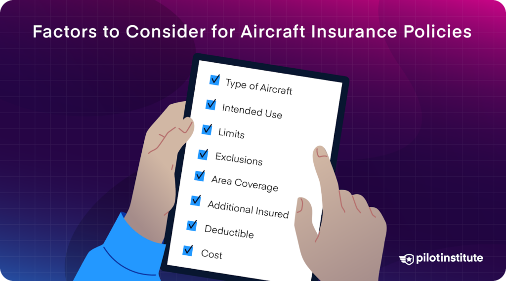 A graphic detailing the factors to consider when looking for an aircraft insurance policy.