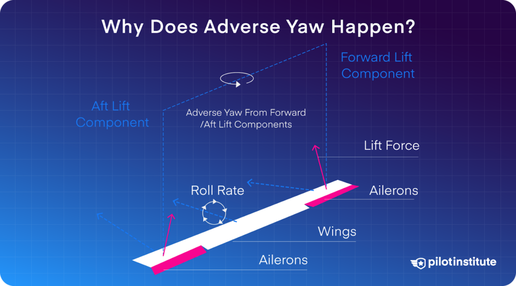 A graphic asking why does adverse yaw happen. It shows ailerons and the roll rate.