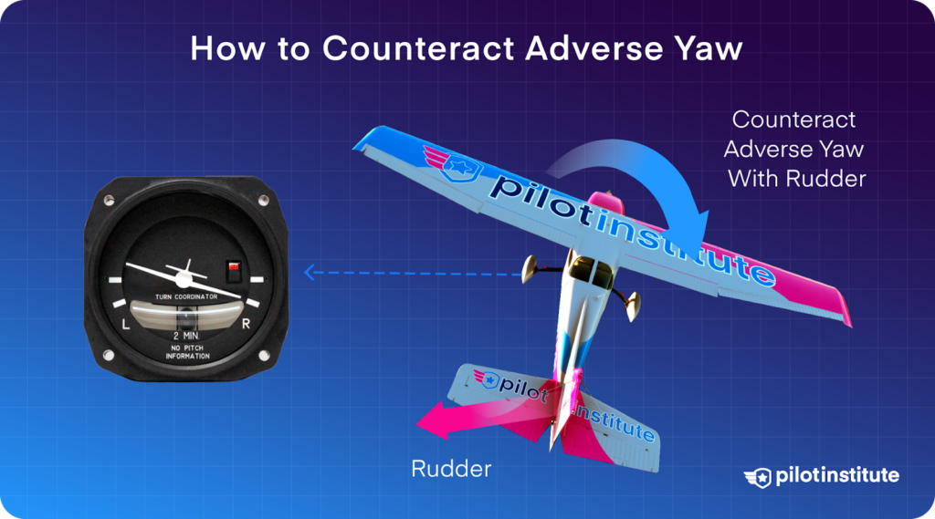 An infographic explaining how to counteract adverse yaw with rudder.