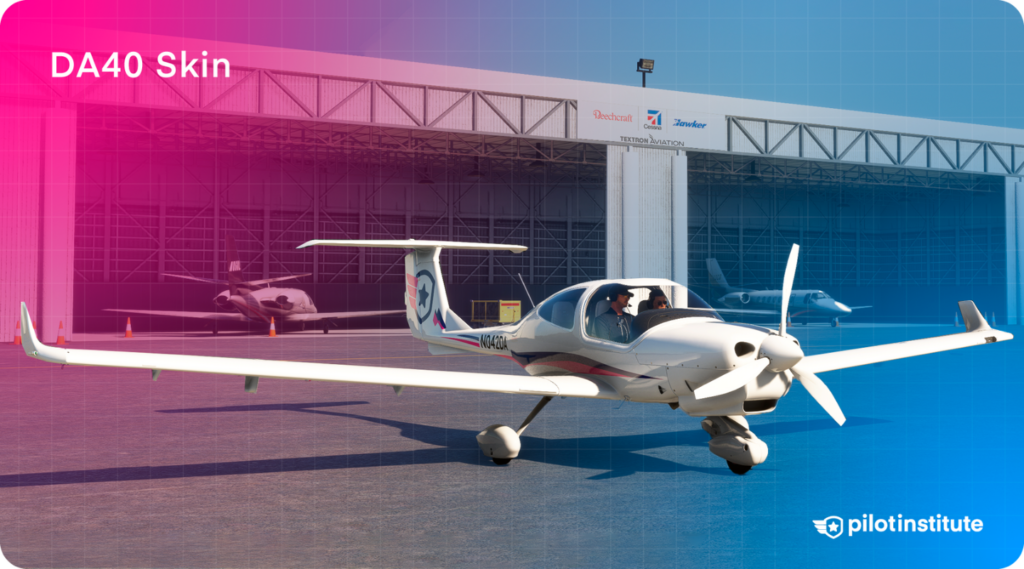 Graphic images of a 3D DA40  in front of a hangar