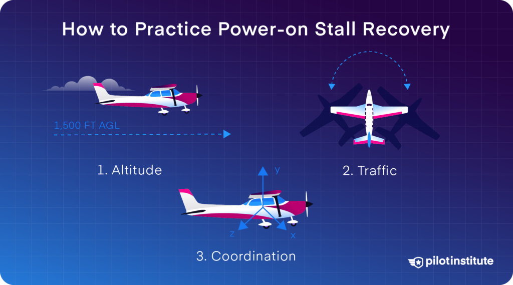 An infographic explaining the 3 steps for practicing power-on stall recovery.