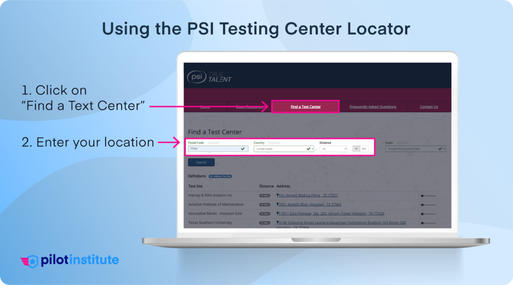 An infographic showing how to use the PSI Testing Center Locator for FAA Testing Centers.