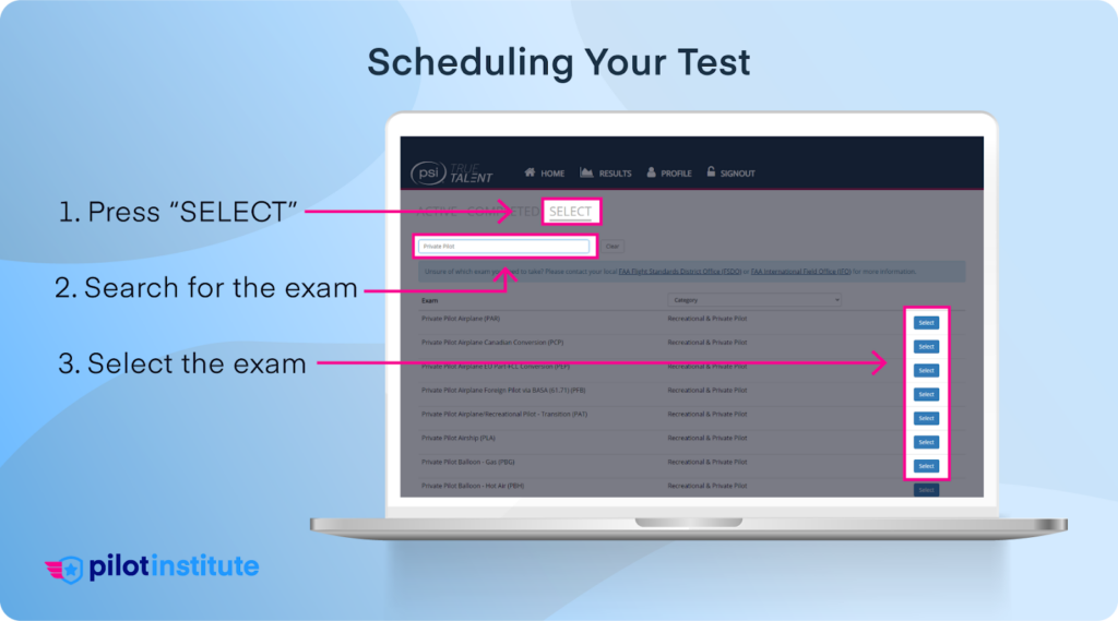 An infographic showing how to schedule a time and date for an FAA exam.