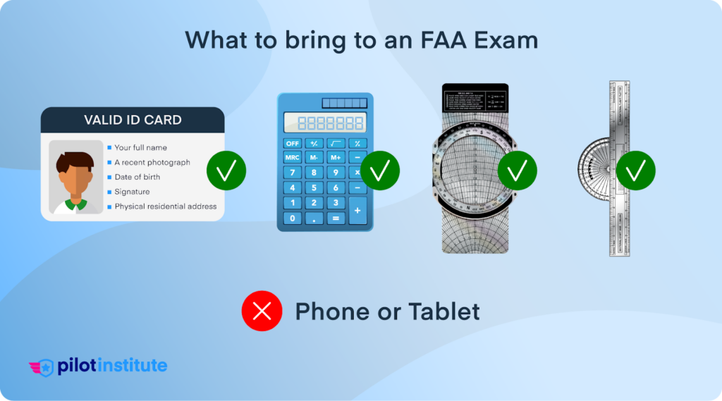 An infographic showing what items are okay to bring to an FAA exam. Items like your ID, a calculator, plotter and E6B.