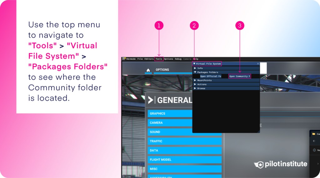 An infographic on how to find the community folder through the MSFS options.